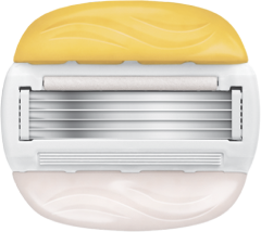 Razor cartrige with a gold skinguard and silver blades for smooth shaving experience.