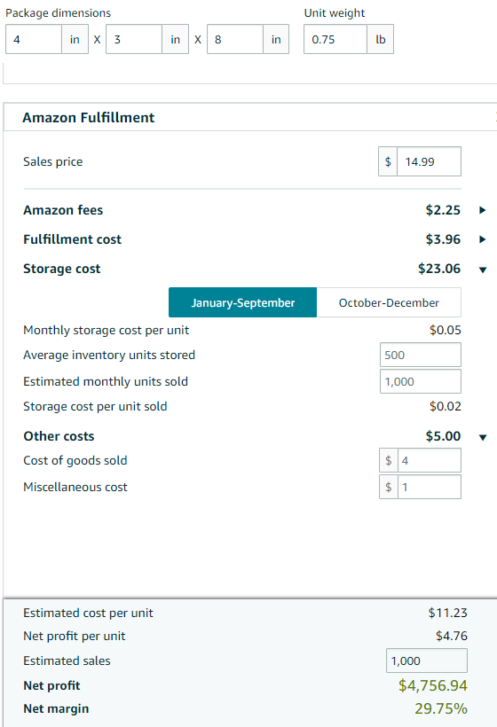 Fba calculator for new ASIN with optimized package size