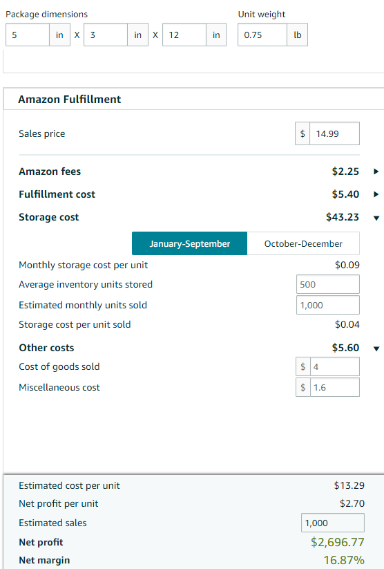 Fba calculator for new ASIN with unoptimized package size