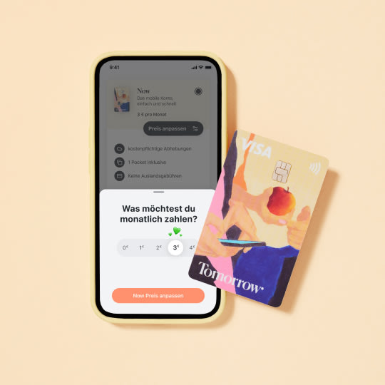 Zu sehen ist die Tomorrow App und wie der Bereich aussieht, in dem man ab sofort den Preis für das Now Konto selbst bestimmen kann.