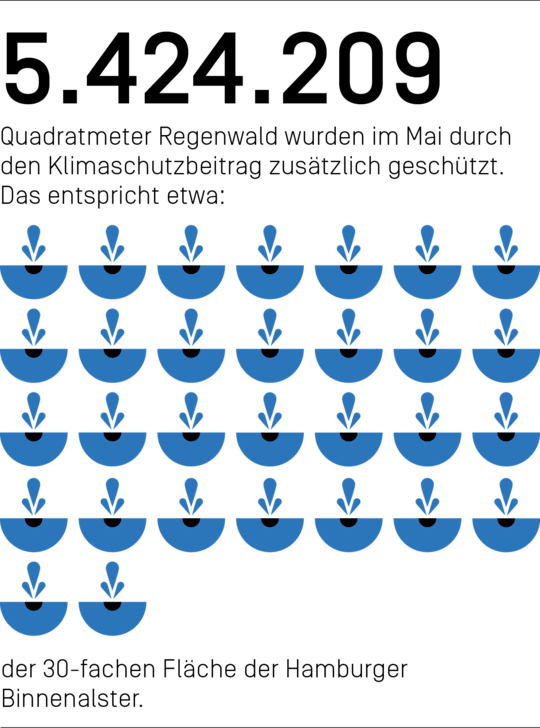 5.424.209 Quadratmeter Regenwald wurden im Mai durch den Klimaschutzbeitrag zusätzlich geschützt. Das entspricht etwa der 30-fachen Fläche der Hamburger Binnenalster.
