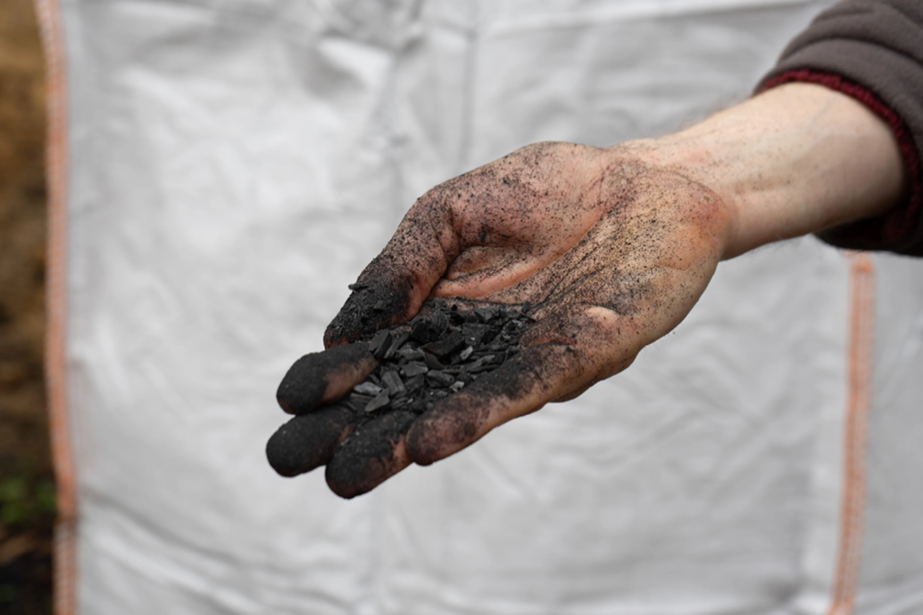 Hand on which pieces of coal lie