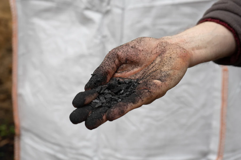 Hand on which pieces of coal lie 