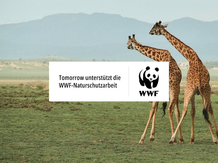 Auf dem Bild zu sehen sind zwei Giraffen, das Logo des WWF und der Hinweis auf unsere Kooperation