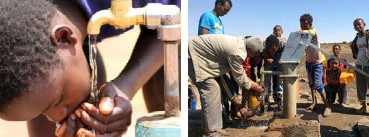 Links: Ein Junge trinkt sauberes Wasser aus einem Wasserhahn
Rechts: Mehrere Leute stehen um einen Brunnen und schöpfen sauberes Wasser