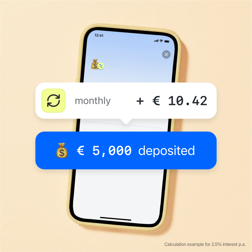 Monthly interest rate shown together with an example of deposited amount of 5000 euros