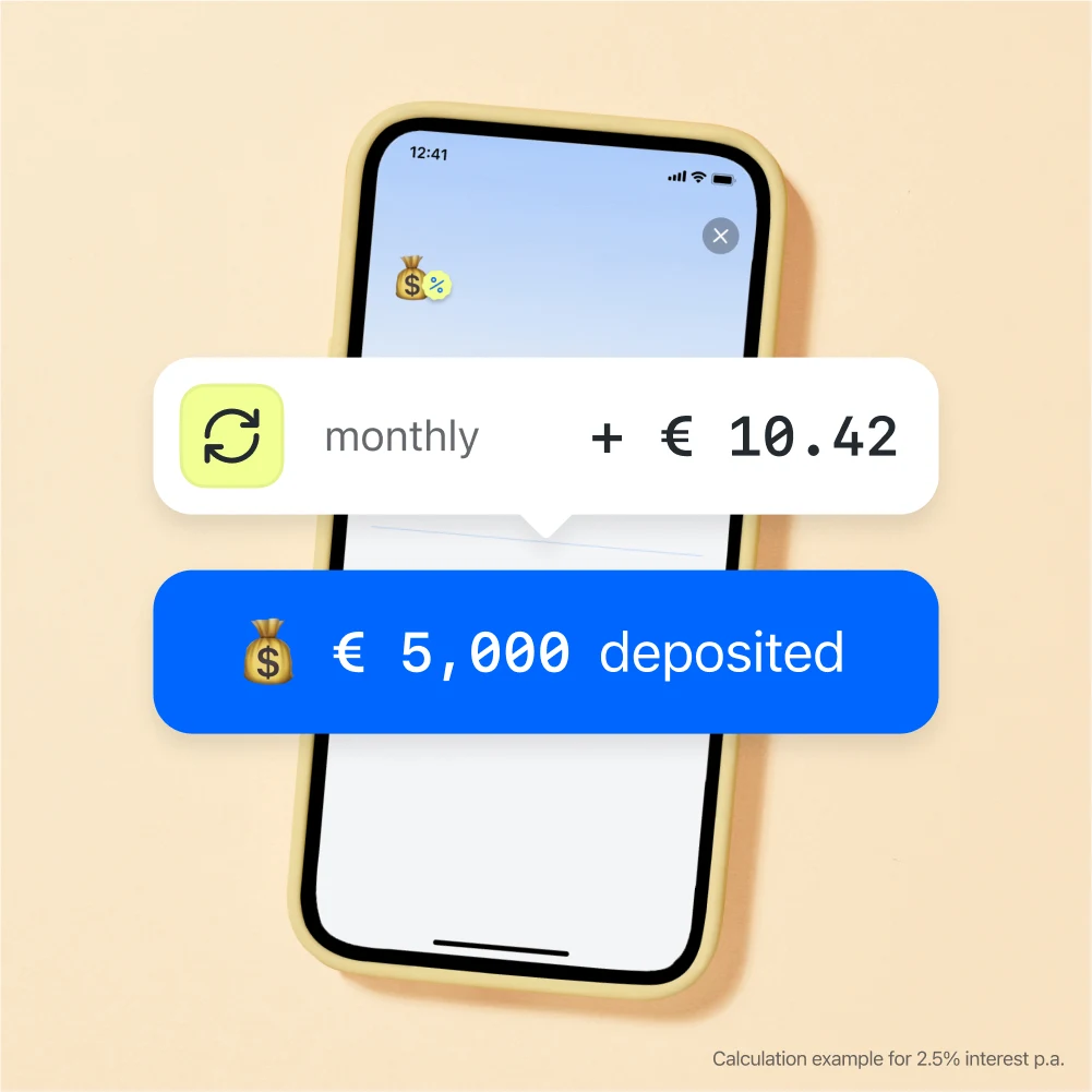Monthly interest rate shown together with an example of deposited amount of 5000 euros