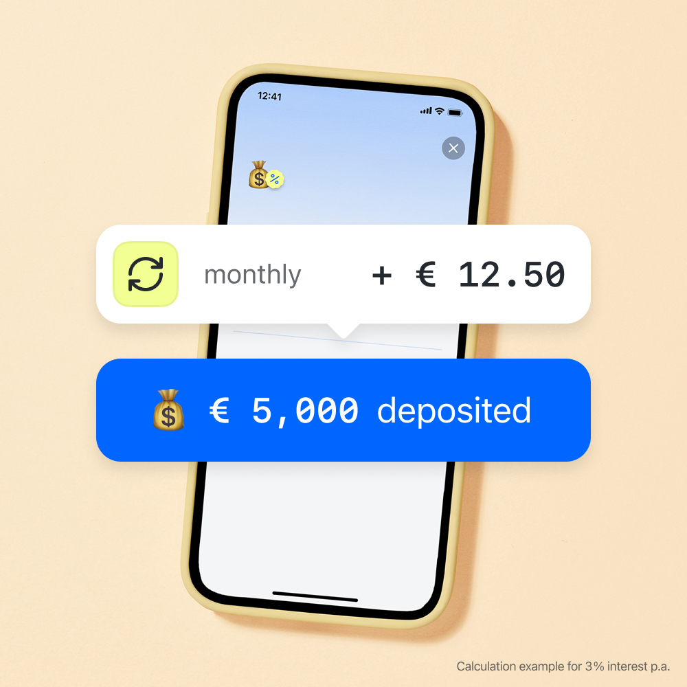 Monthly interest rate shown together with an example of deposited amount of 5000 euros