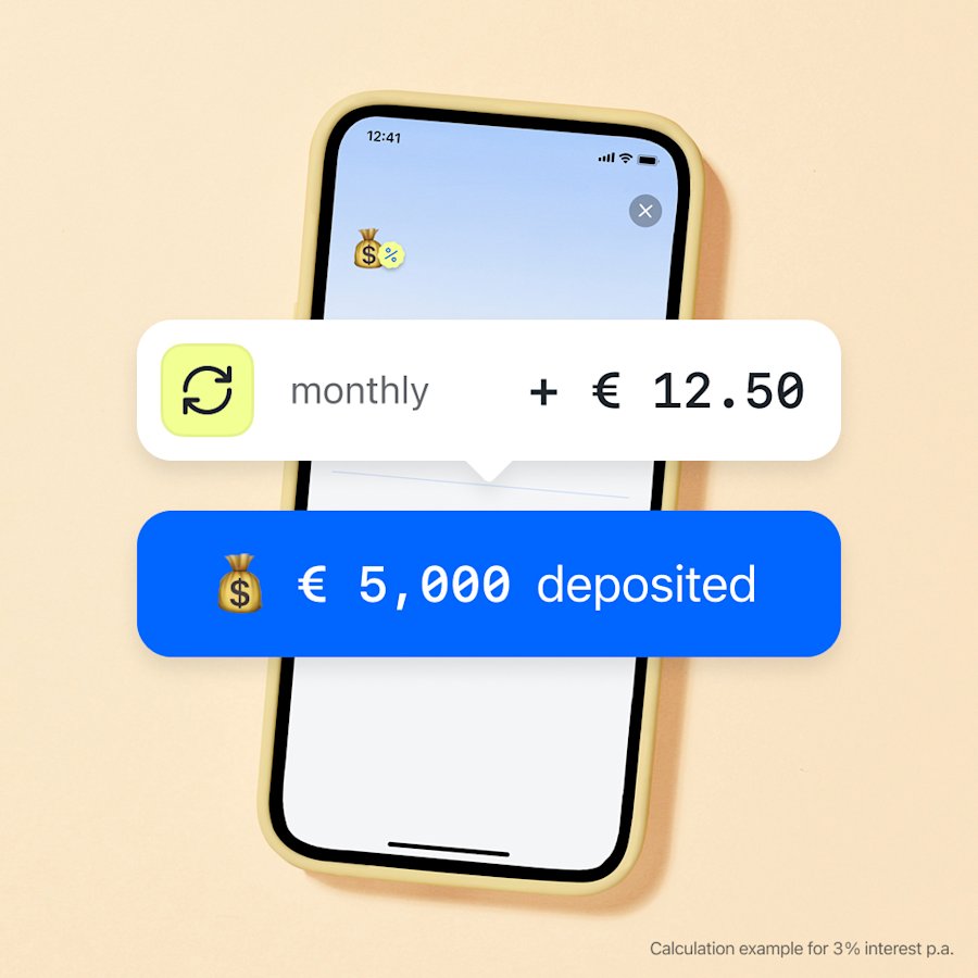 Monthly interest rate shown together with an example of deposited amount of 5000 euros