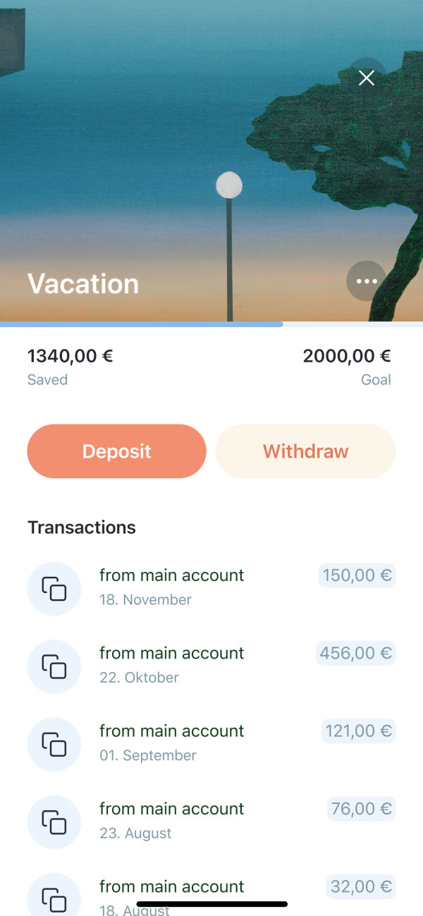 Pocket detail view with past money transfers