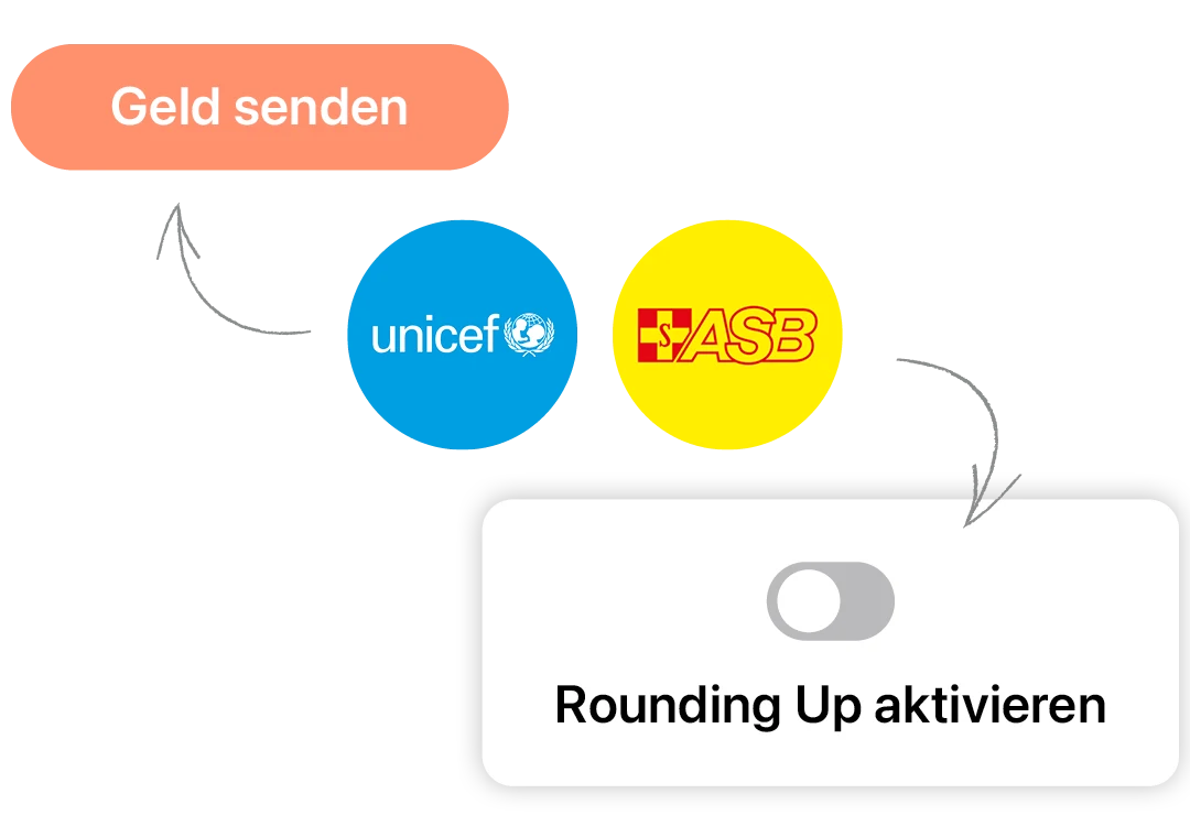 Für die Spenden für den ASB muss das Rounding-Up Feature aktiviert werden, die Spenden für UNICEF können in gewünschter Höhe selbstständig gesendet werden. 