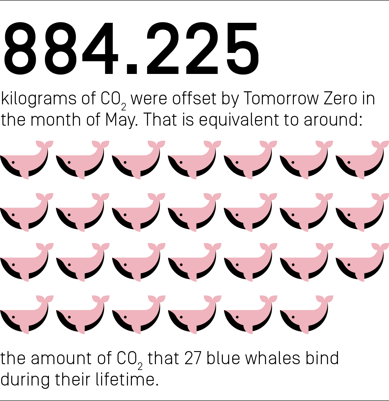 884,225 kilograms of CO₂ were offset by Tomorrow Zero in the month of May. That is equivalent to around the amount of CO₂ that 27 blue whales bind during their lifetime.