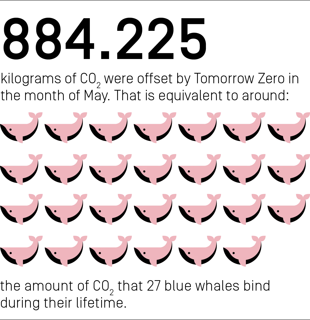 884,225 kilograms of CO₂ were offset by Tomorrow Zero in the month of May. That is equivalent to around the amount of CO₂ that 27 blue whales bind during their lifetime.