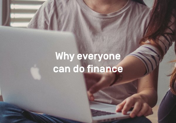 Picture of two people on a laptop "Why everyone can do finance"