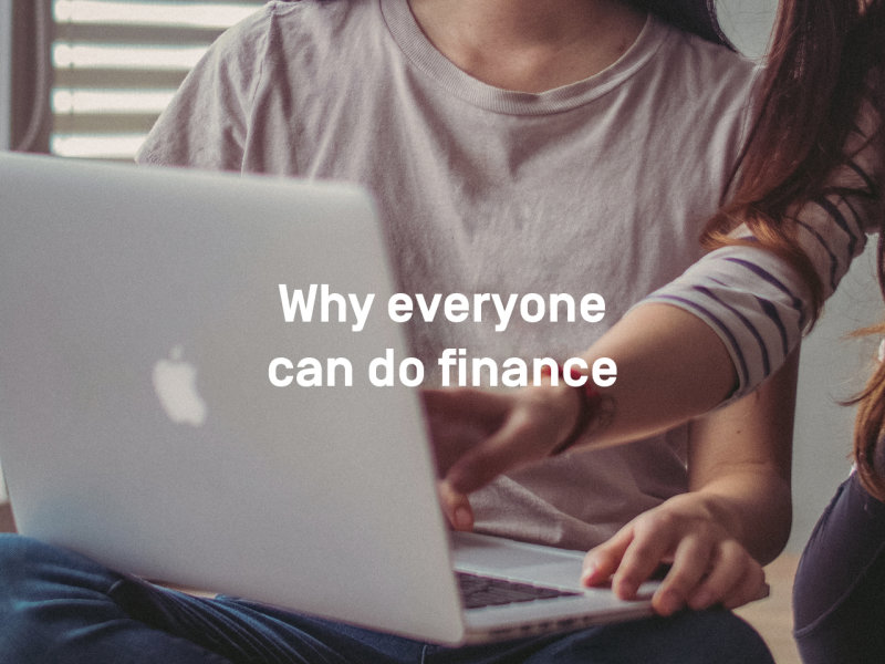 Picture of two people on a laptop "Why everyone can do finance"