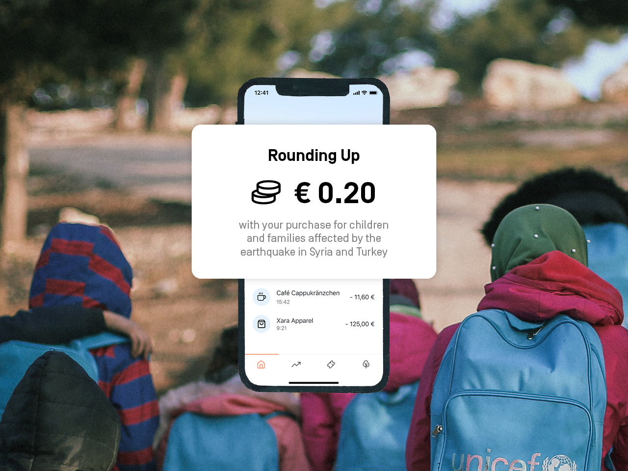 Photography with back view of children. Over it text: "with your purchase for children
and families affected by the earthquake in Syria and Turkey"