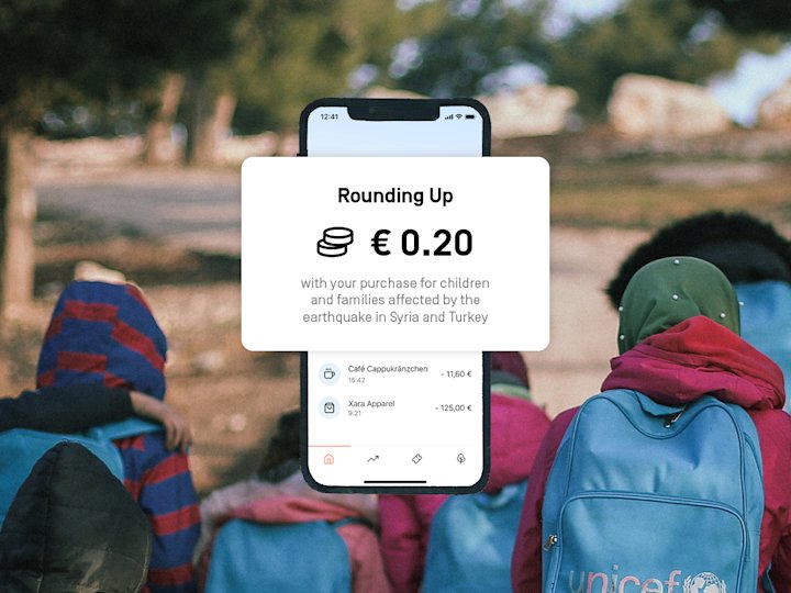 Photography with back view of children. Over it text: "with your purchase for children
and families affected by the earthquake in Syria and Turkey"