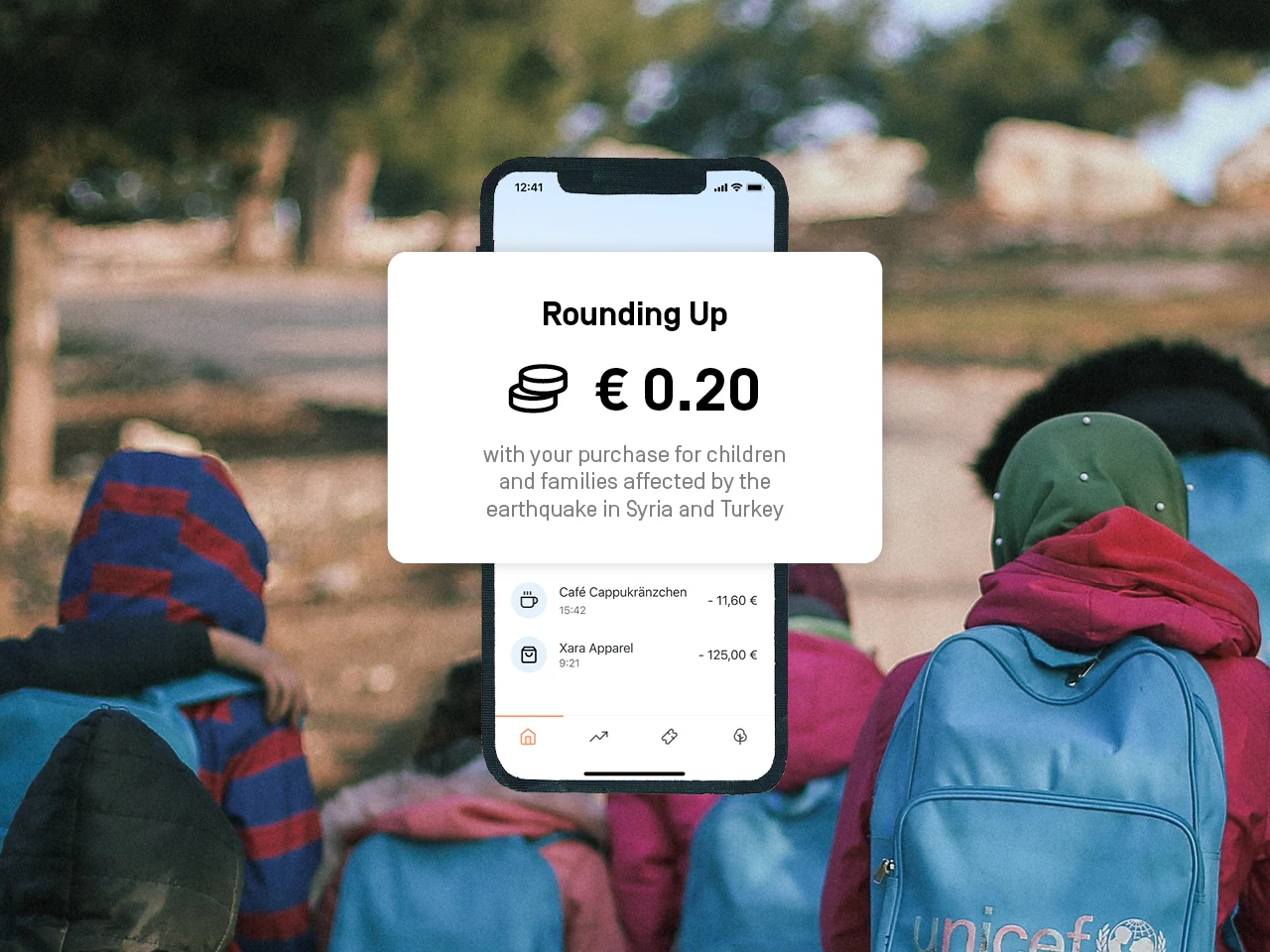 Photography with back view of children. Over it text: "with your purchase for children
and families affected by the earthquake in Syria and Turkey"