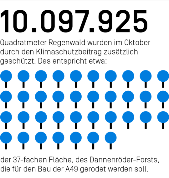 10.097.925 Quadratmeter Regenwald wurden im Oktober durch den Klimaschutzbeitrag zusätzlich geschützt. Das entspricht etwa der 37-fachen Fläche des Dannenröder-Forsts, die für den Bau der A49 gerodet werden soll.