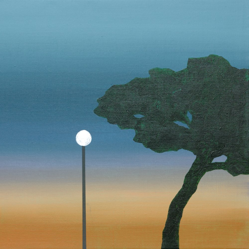 Painting of a tree and a lantern in front of a sunset