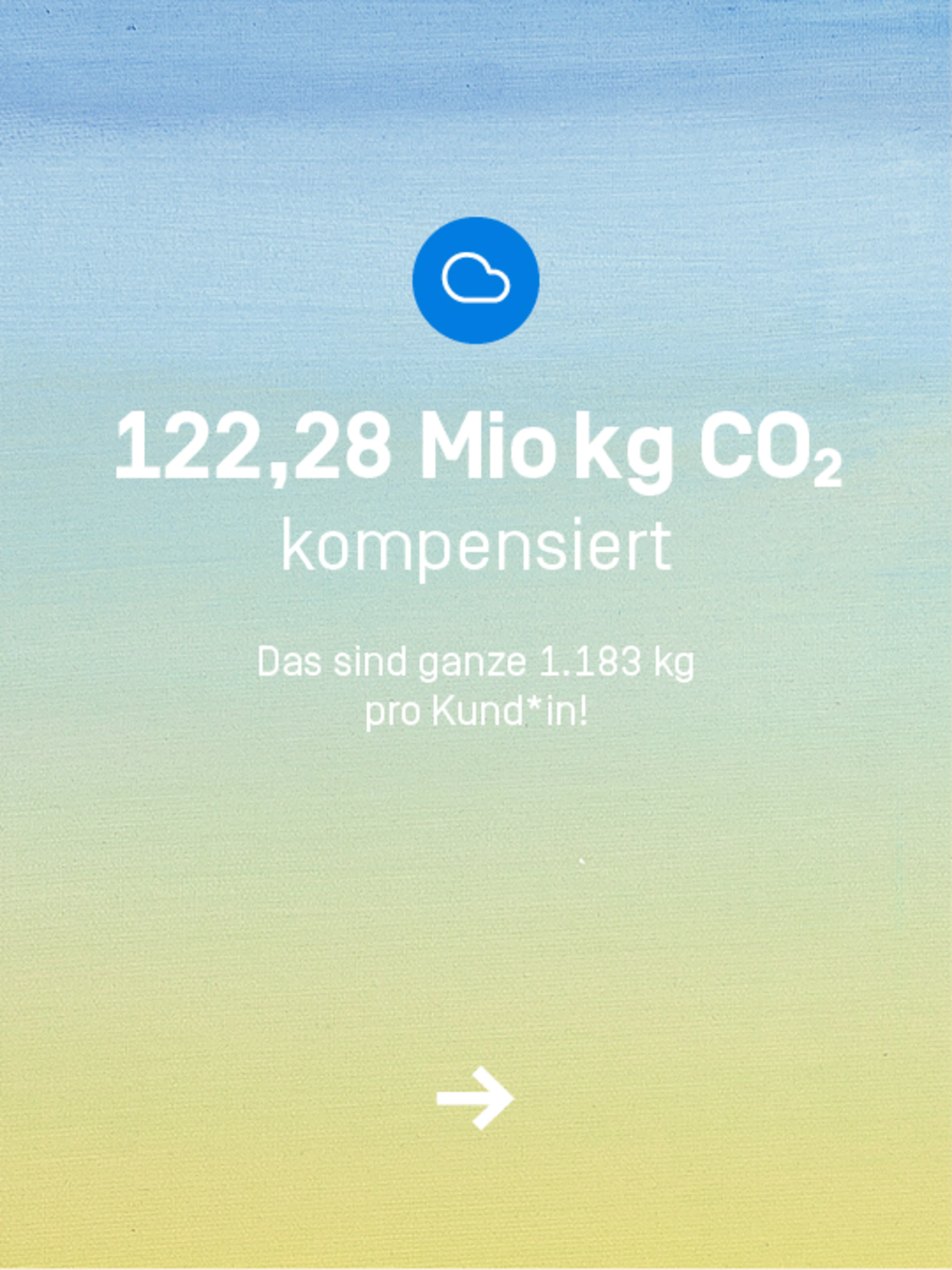 Ihr habt insgesamt 122,28 Mio Kilogramm CO2 kompensiert. Das sind durchschnittlich 1183kg pro Kund*in.