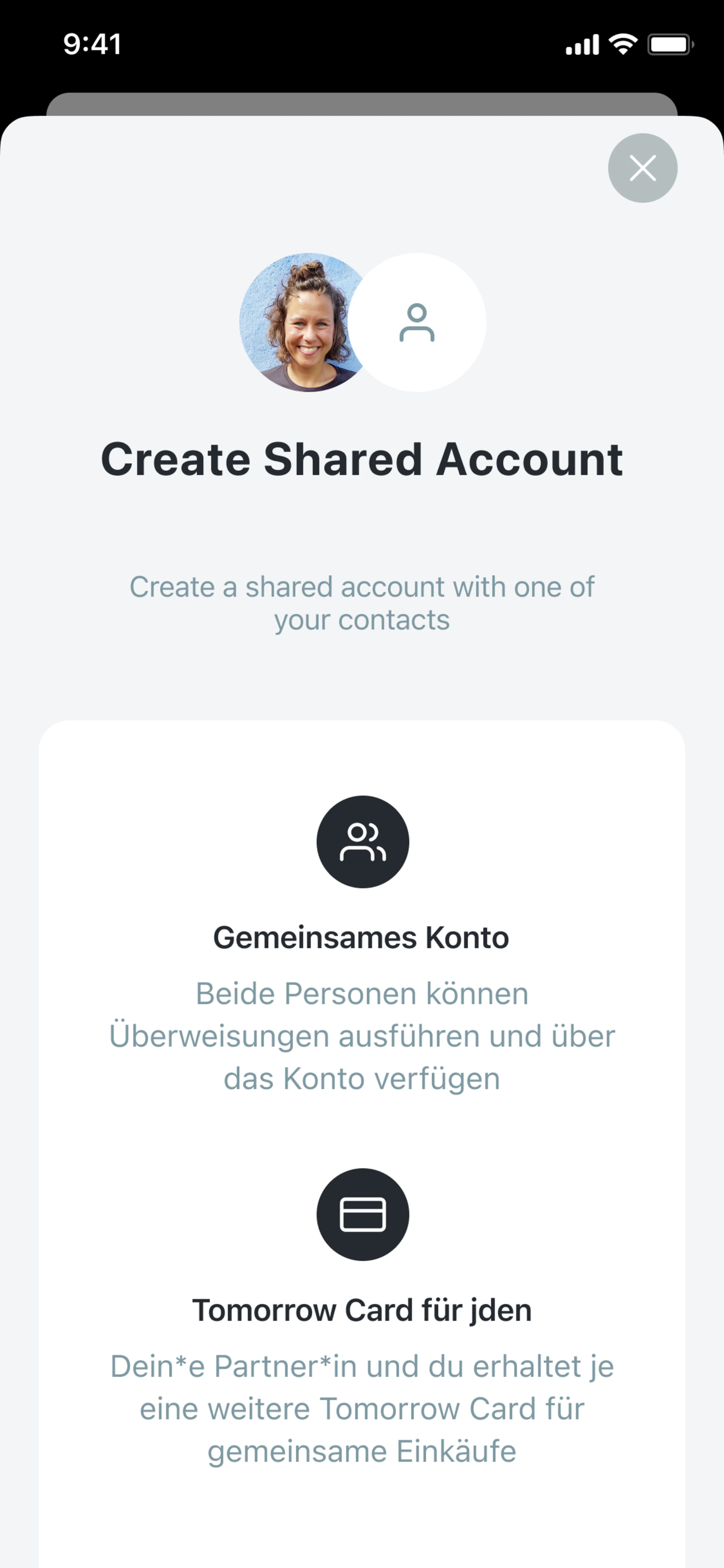 Detail view of the "create shared account" dialogue