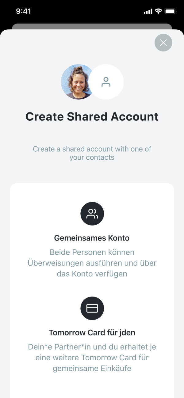 Detail view of the "create shared account" dialogue 