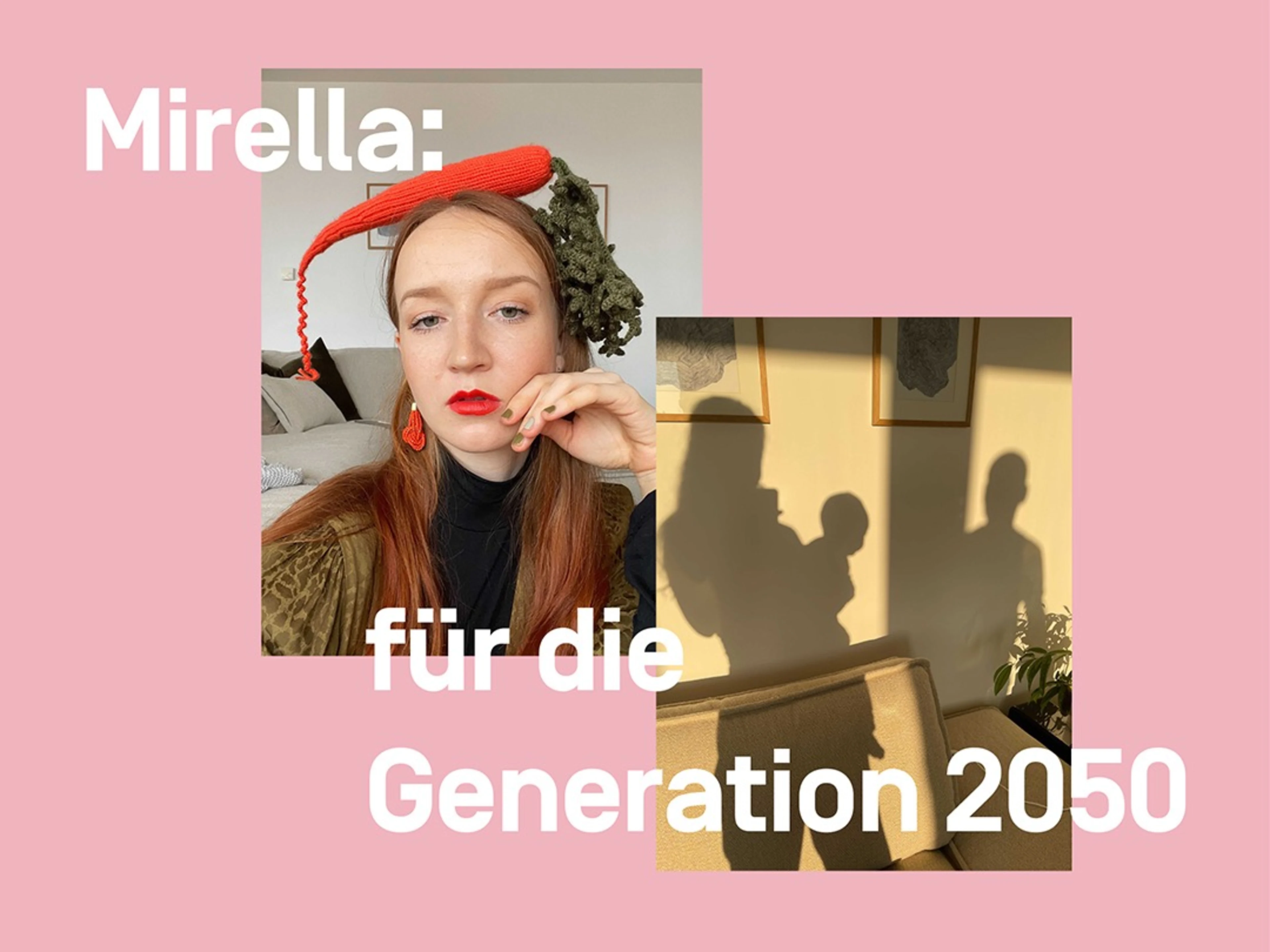 Linkes Bild: Mirella hat eine Kuscheltier-Karotte auf dem Kopf und schaut in die Kamera. Rechtes Bild: Mirellas Schatten mit einem Kinderwagen und einem Baby auf dem Arm