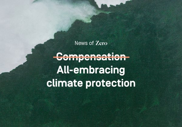 Background with forest painting, with text on it: News of Zero - All-embracing climate protection instead of compensation 