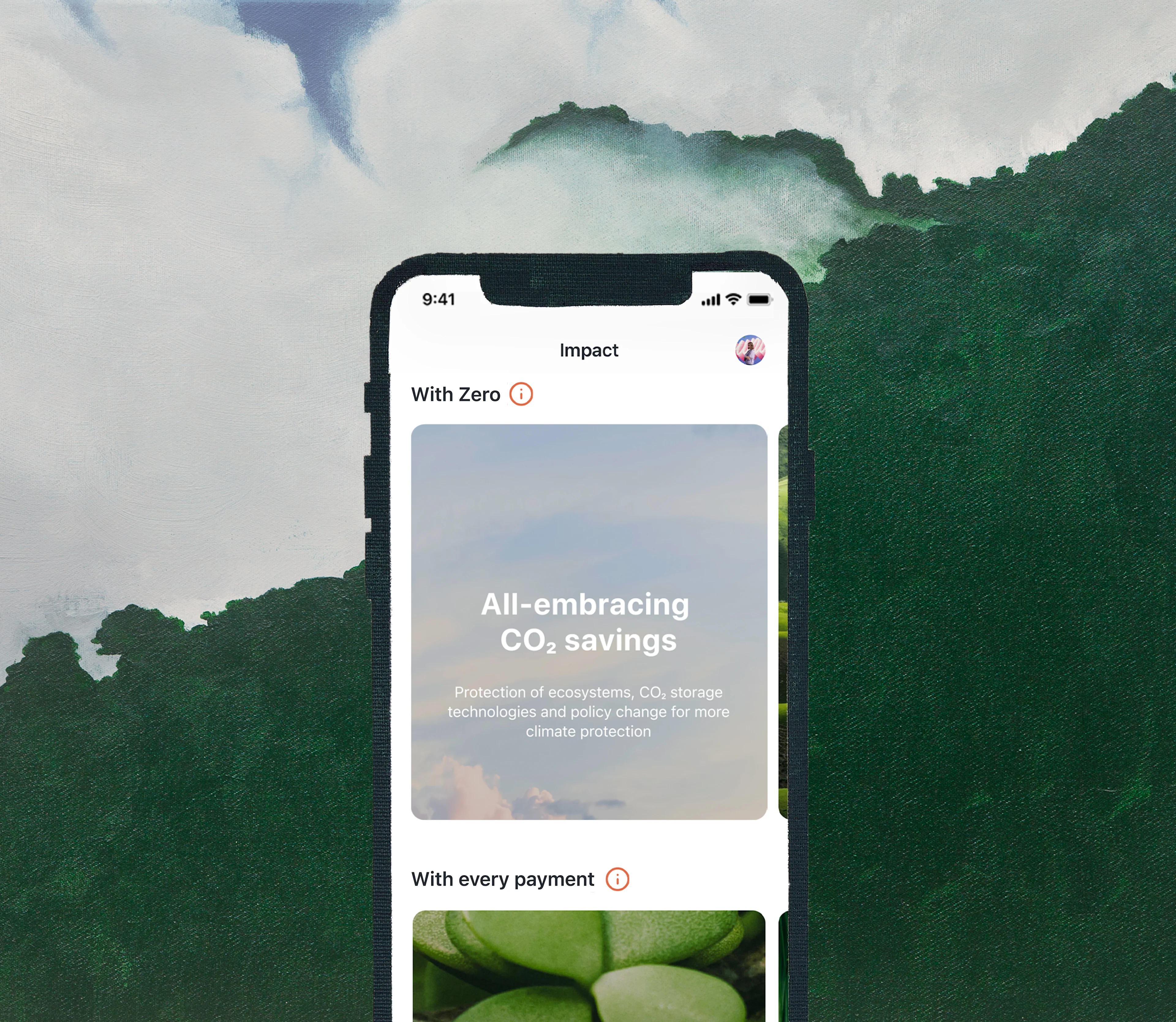 Painting of a green mountain with passing clouds