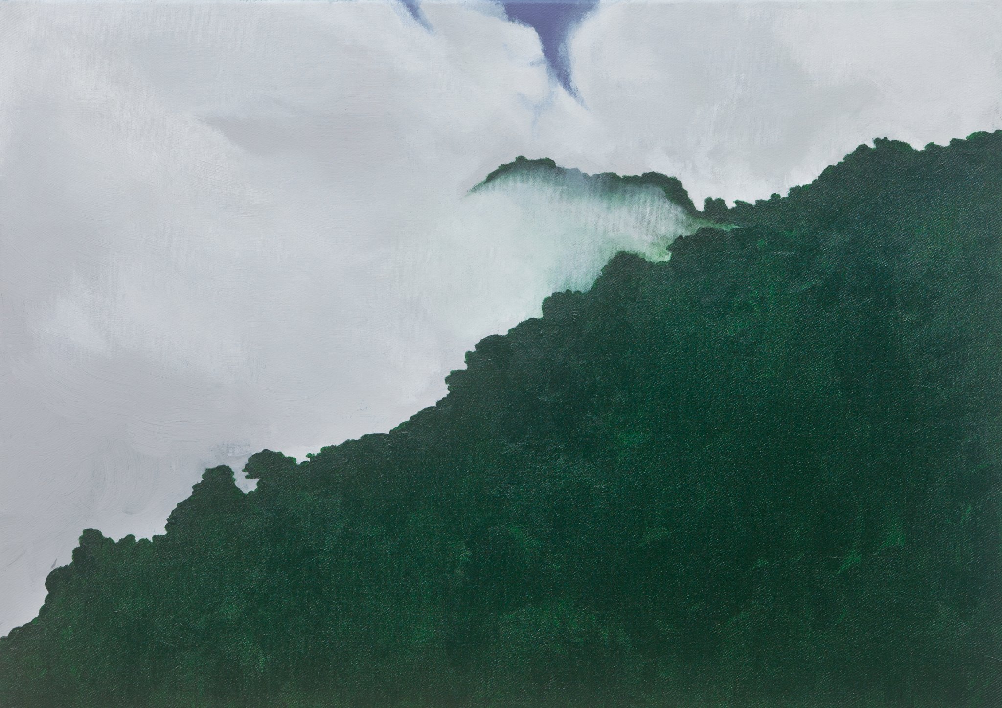 Painting of a green mountain with passing clouds