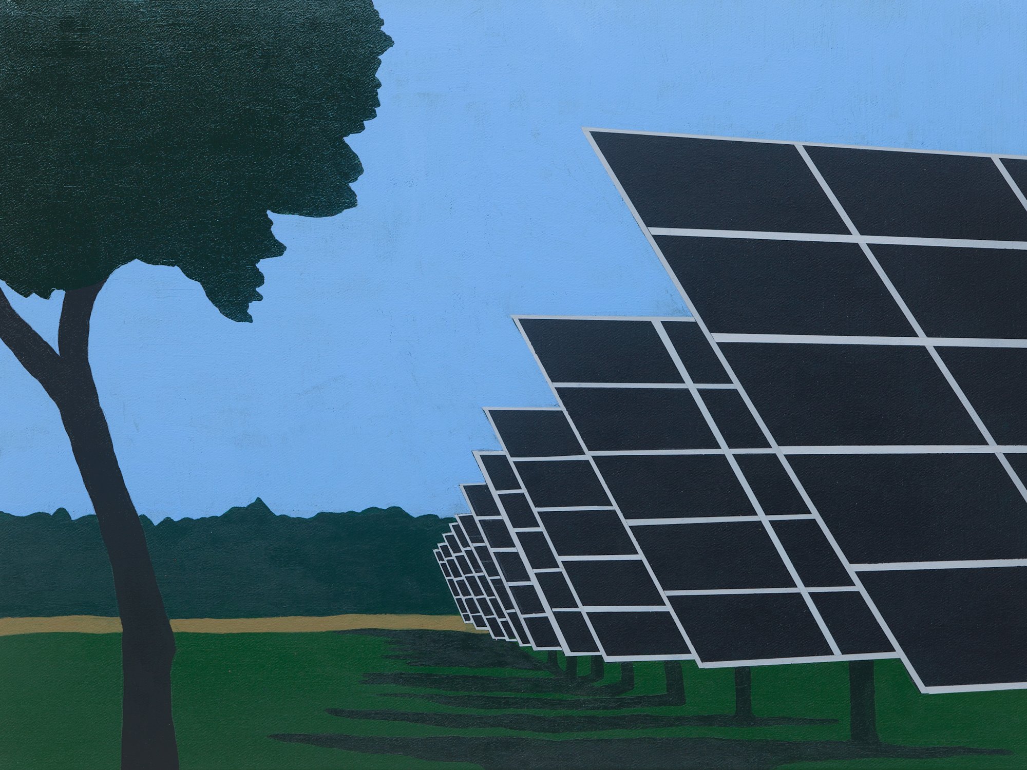 Gemälde von Sonnenkollektoren neben einem grünen Baum