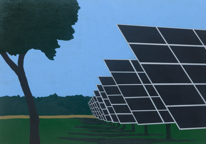 Painting of solar collectors next to a green tree