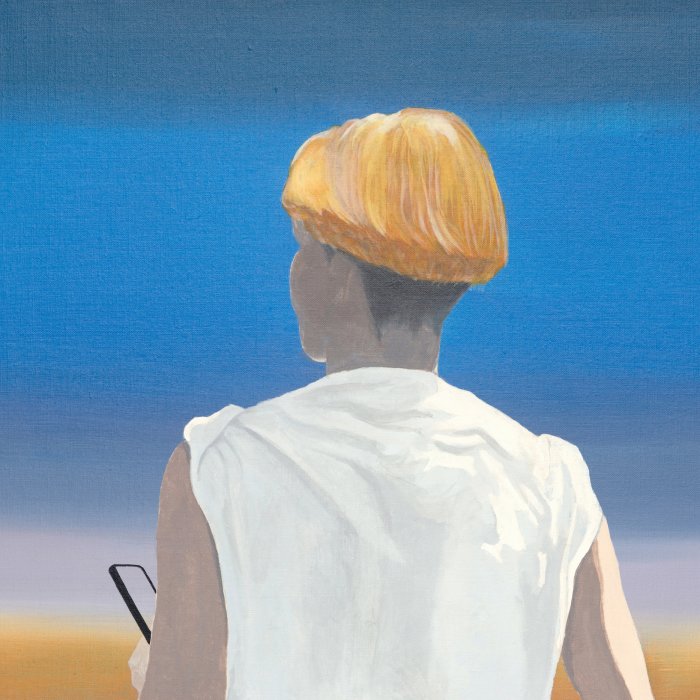 Painting of a blonde woman from behind, looking in the sunset with her smartphone in her left hand