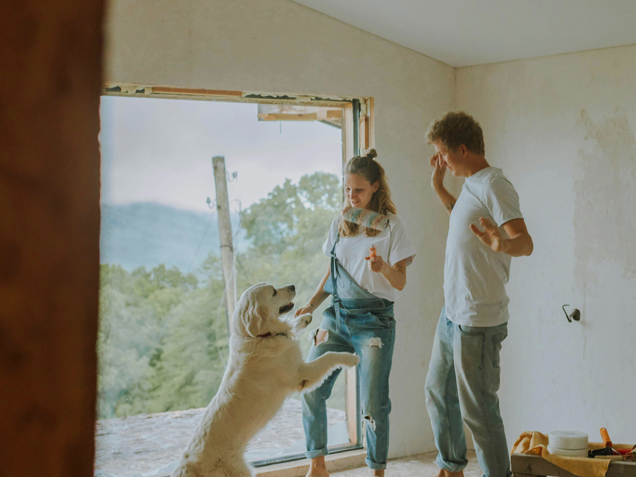Ein Pärchen und ein großer Hand, der sie anspringt, stehen in einem Raum und wollen malern. Der Raum hat noch keine Fenster, deshalb hat man einen offenen Blick von oben auf die Waldlandschaft im Hintergrund.