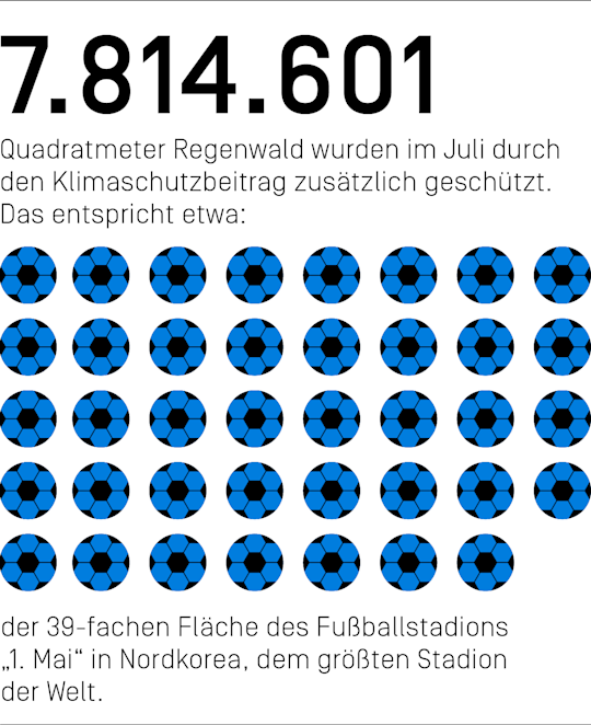 7.814.601 Quadratmeter Regenwald wurden im Juli durch den Klimaschutzbeitrag zusätzlich geschützt. Das entspricht etwa der 39-fachen Fläche des Fußballstadions "1. Mai" in Nordkorea, dem größten Stadion der Welt.