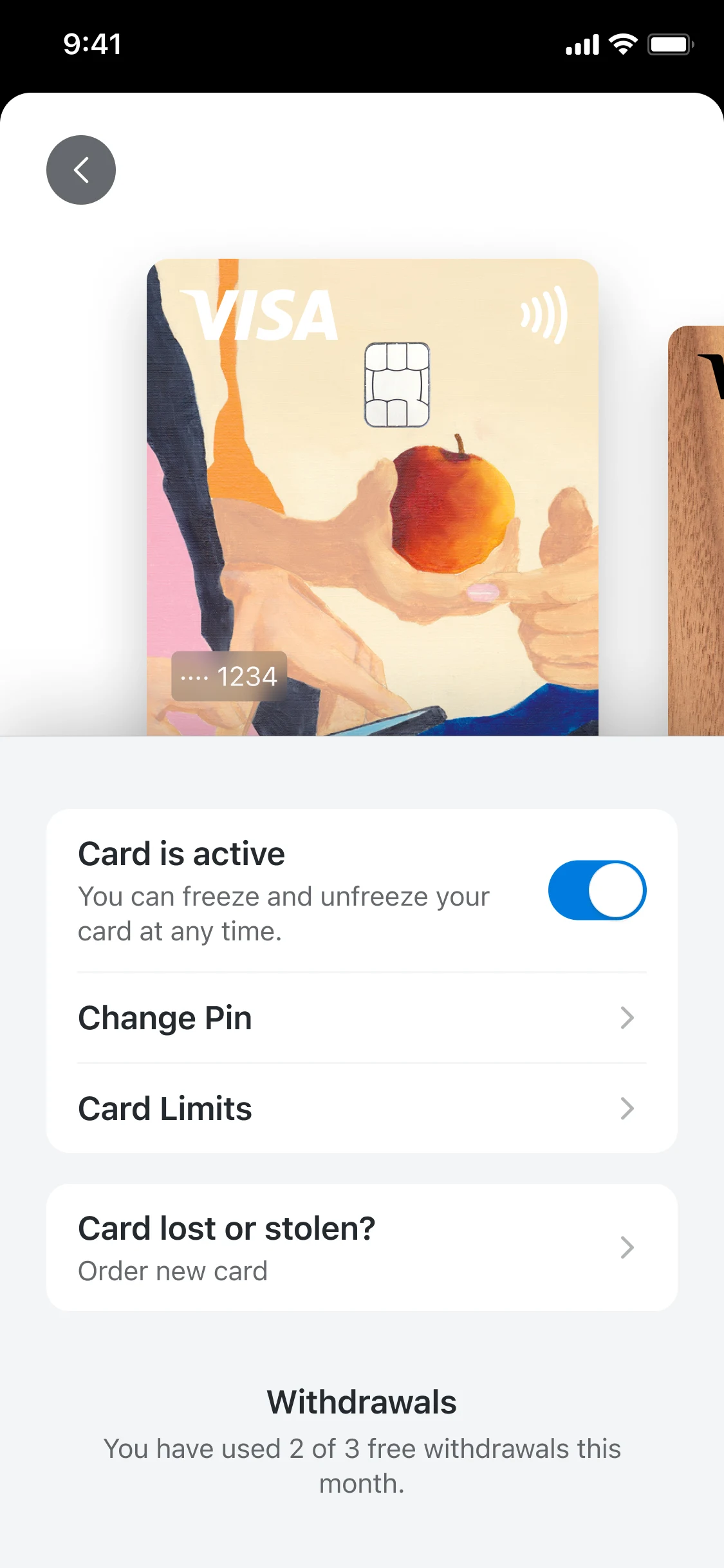App screenshot of card settings