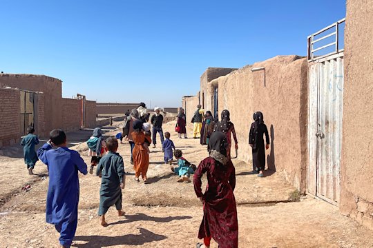 Fotografie von Kindern und Lehrern, die einen Weg entlanggehen