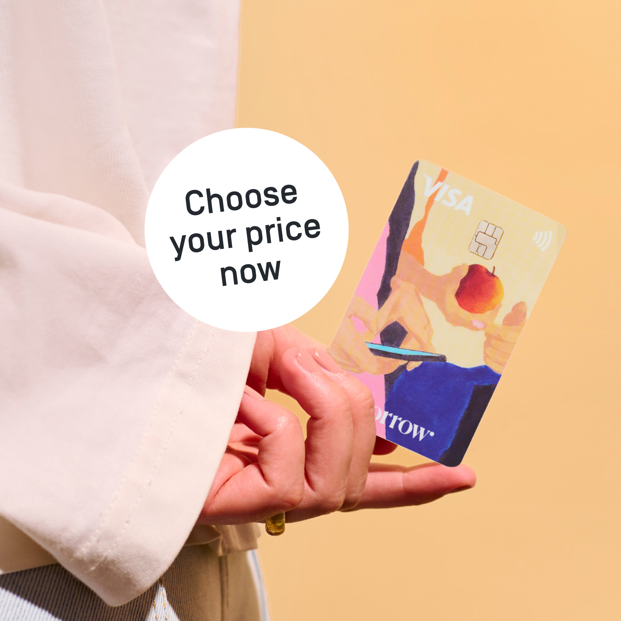 A hand holds the card ‘Tomorrow’ with the text ‘Choose your price now’ in the foreground.