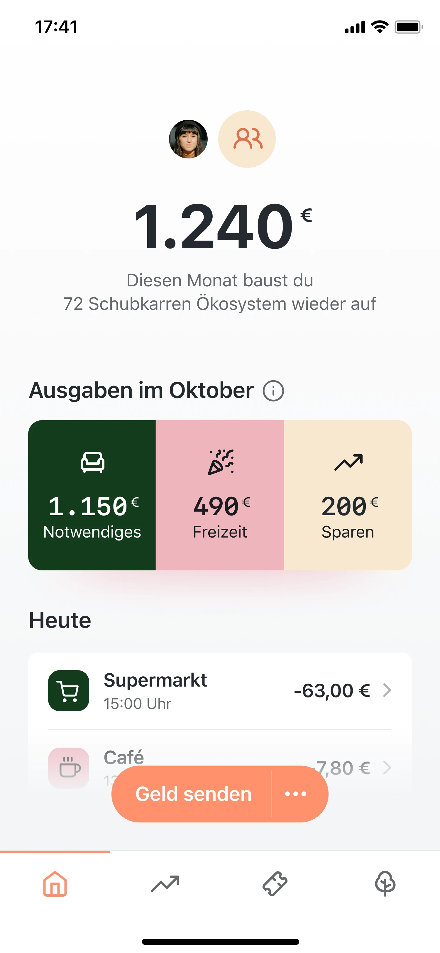 Gemeinsames Konto Homescreen der Tomorrow App
