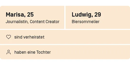 Marisa und Ludwig, 25 und 29 Jahre alt, sie arbeitet als Journalistin und Content Creator und er als Biersommelier, sie sind verheiratet und haben eine eineinhalbjährige Tochter.