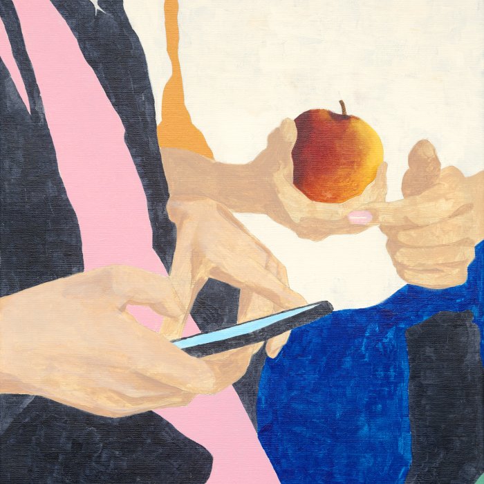 One person holding a mobile phone next to another person holding an apple