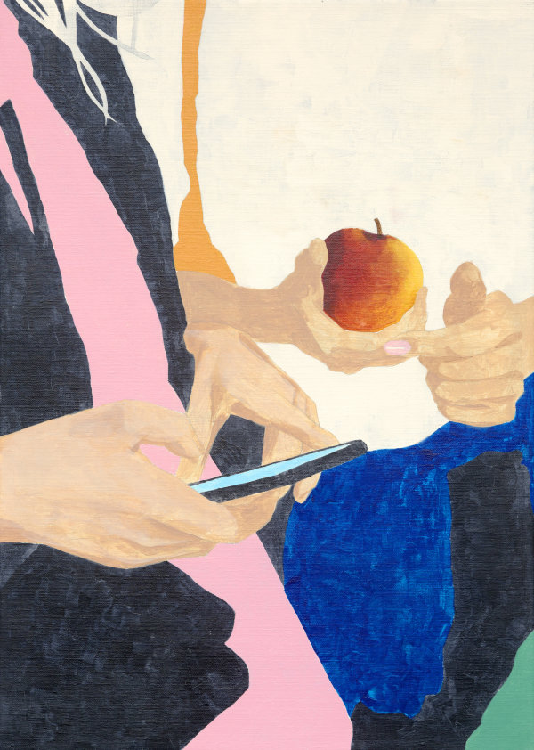 One person holding a mobile phone next to another person holding an apple
