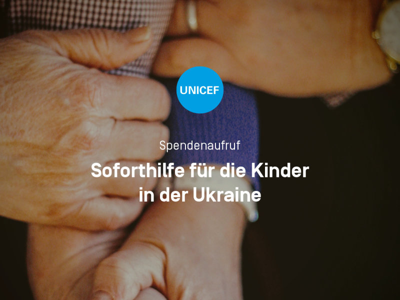 Bild: Hände die sich gegenseitig halten.
Text auf Bild: Spendenaufruf – Soforthilfe für die Ukraine