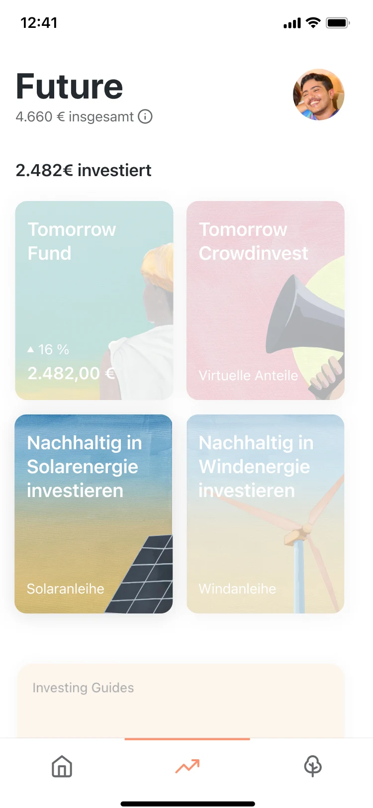 Ein Screenshot der Anlagefunktion in der Tomorrow-App