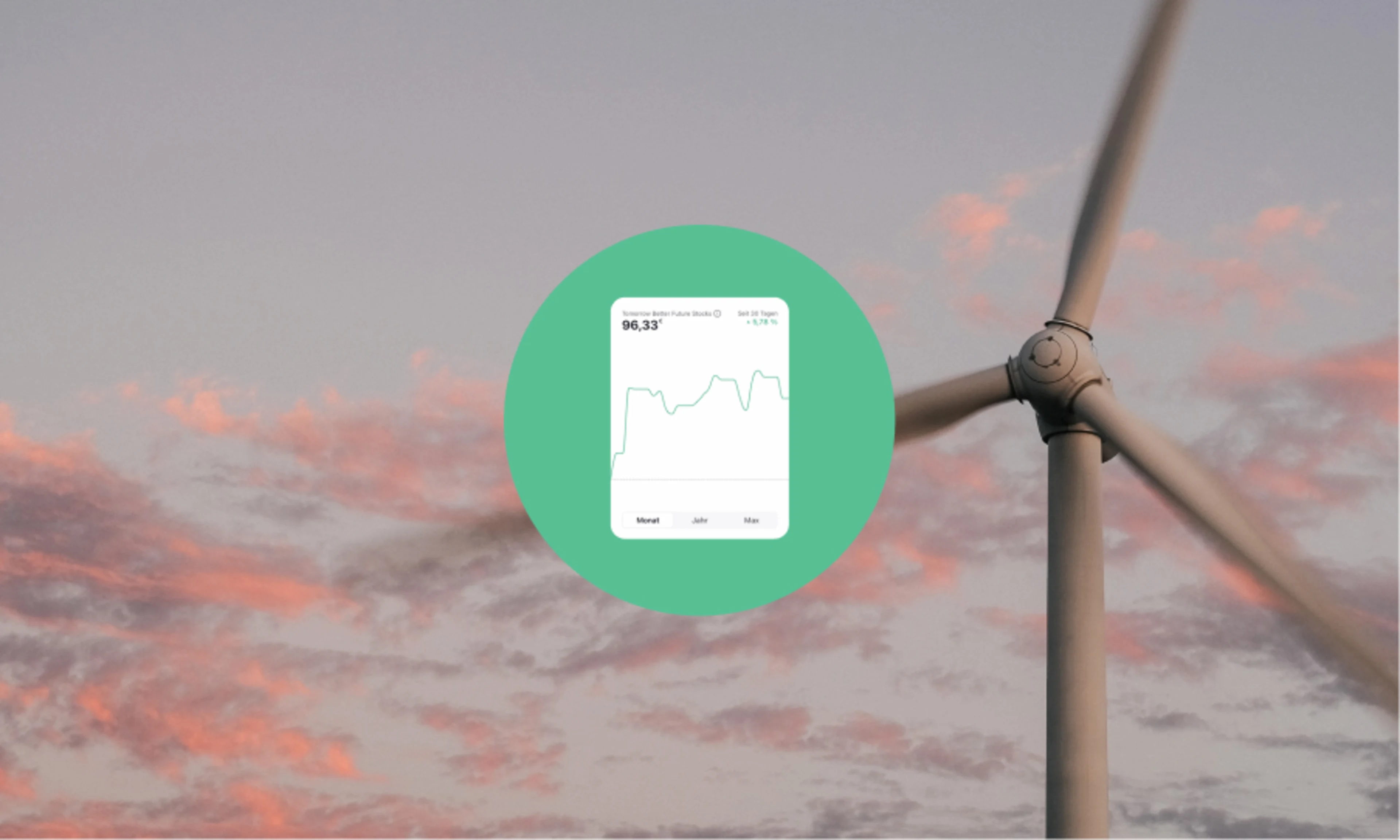 Eine Windkraftanlage im Hintergrund und ein Bildschirm, auf dem eine Grafik der globalen Temperaturen angezeigt wird, im Vordergrund.