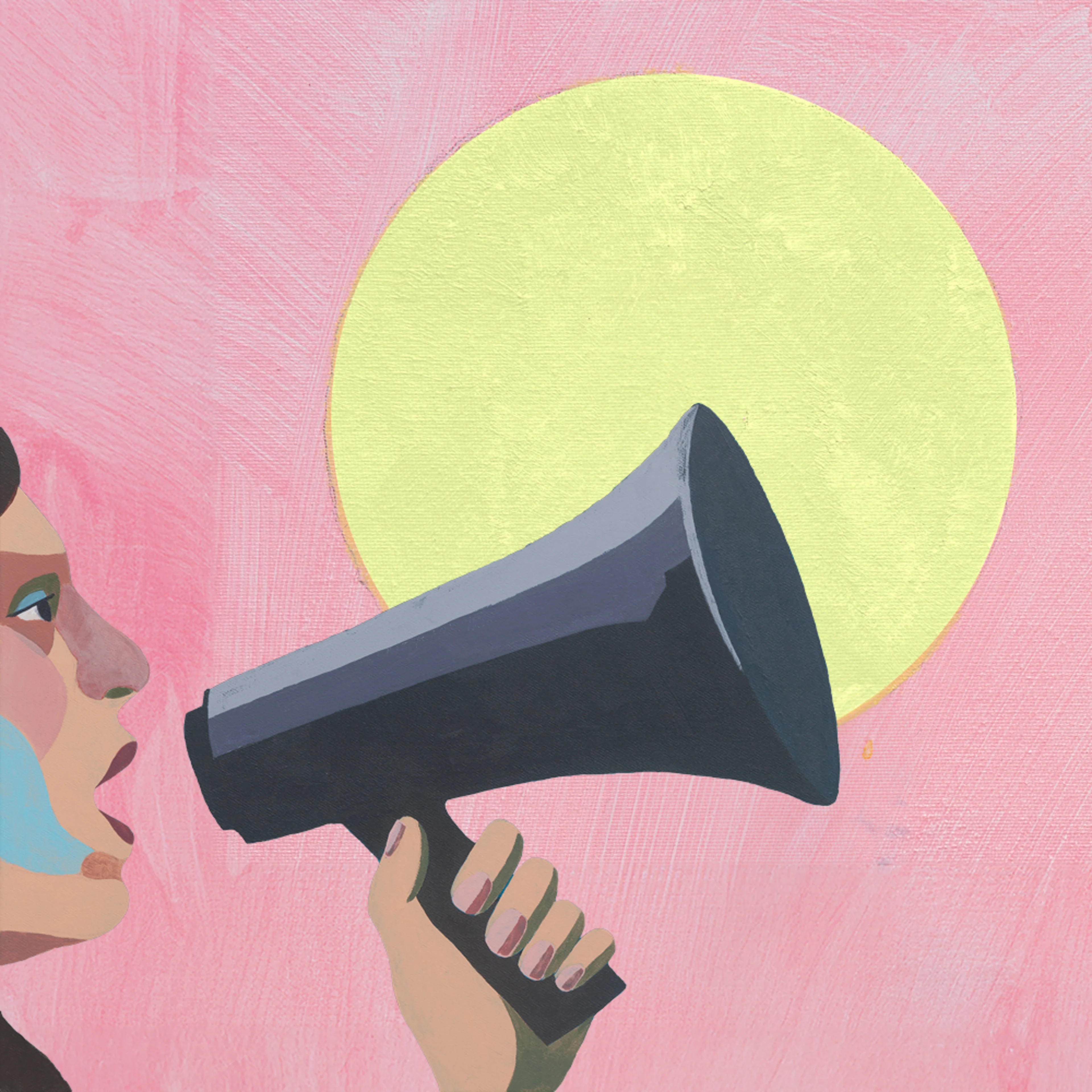 The picture shows a painting of a person speaking into a megaphone. On it is the hashtag #ownTomorrow