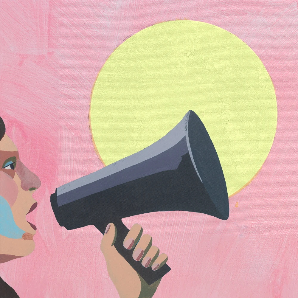 The picture shows a painting of a person speaking into a megaphone. On it is the hashtag #ownTomorrow