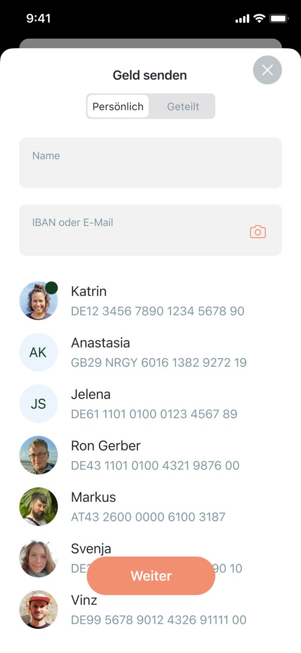 App Screenshot der Schnellauswahl für Zahlungen an Kontakte