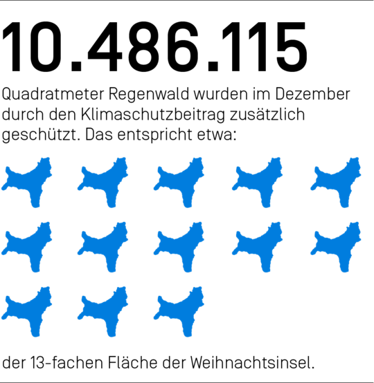 10.486.115 Quadratmeter Regenwald wurden im Dezember durch den Klimaschutzbeitrag zusätzlich geschützt. Das entspricht etwa der 13-fachen Fläche der Weihnachtsinsel.